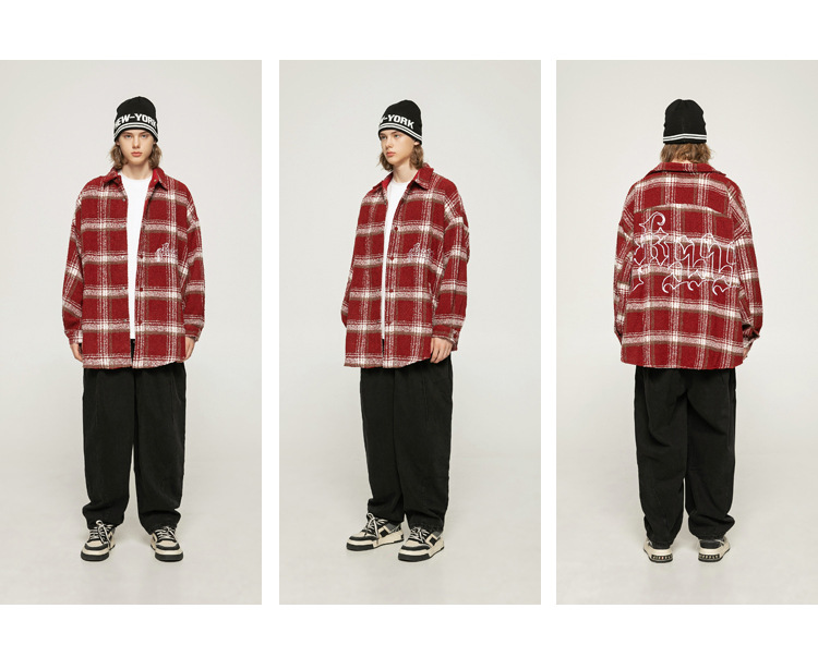 LOOSE MID LENGTH LARGE EMBROIDERY PLAID SHIRT JACKET MNW1934