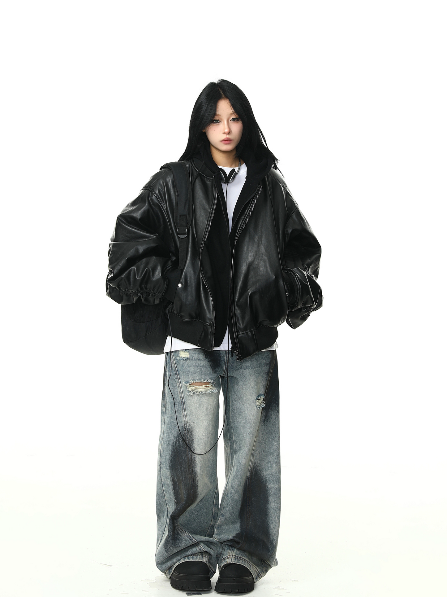 OVERSIZED BLACK LEATHER JACKET MNW1970
