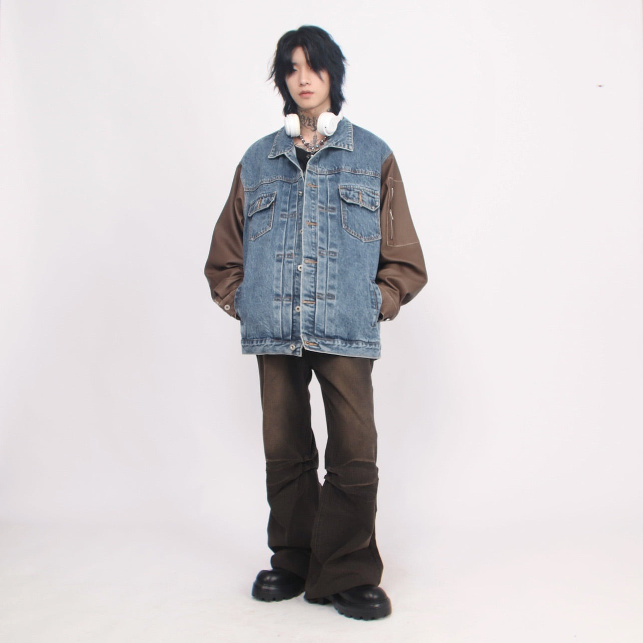 SLEEVE SWITCHING PU DENIM JACKET MNW1190