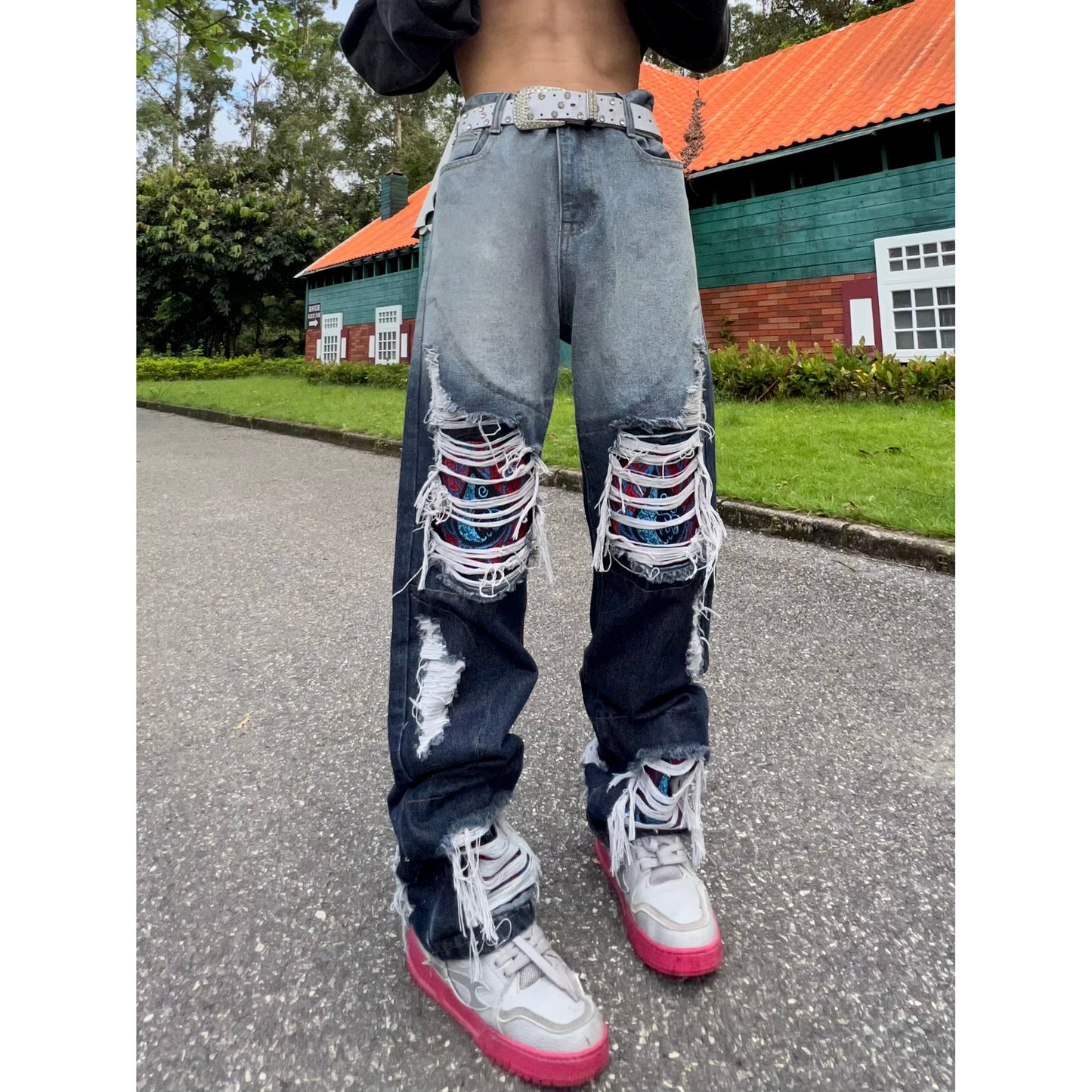 HARD DAMAGE PATCHED DENIM PANTS M064