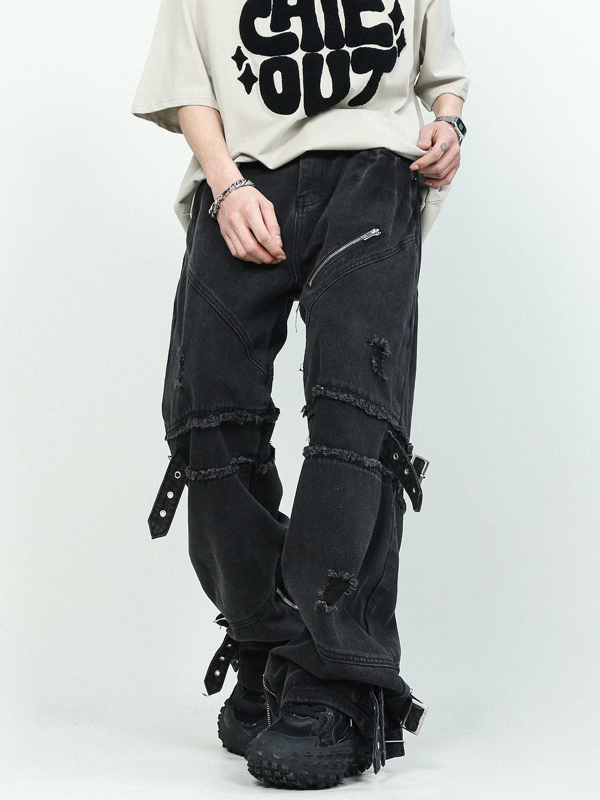 DAMAGED BELT DENIM PANTS MNW409