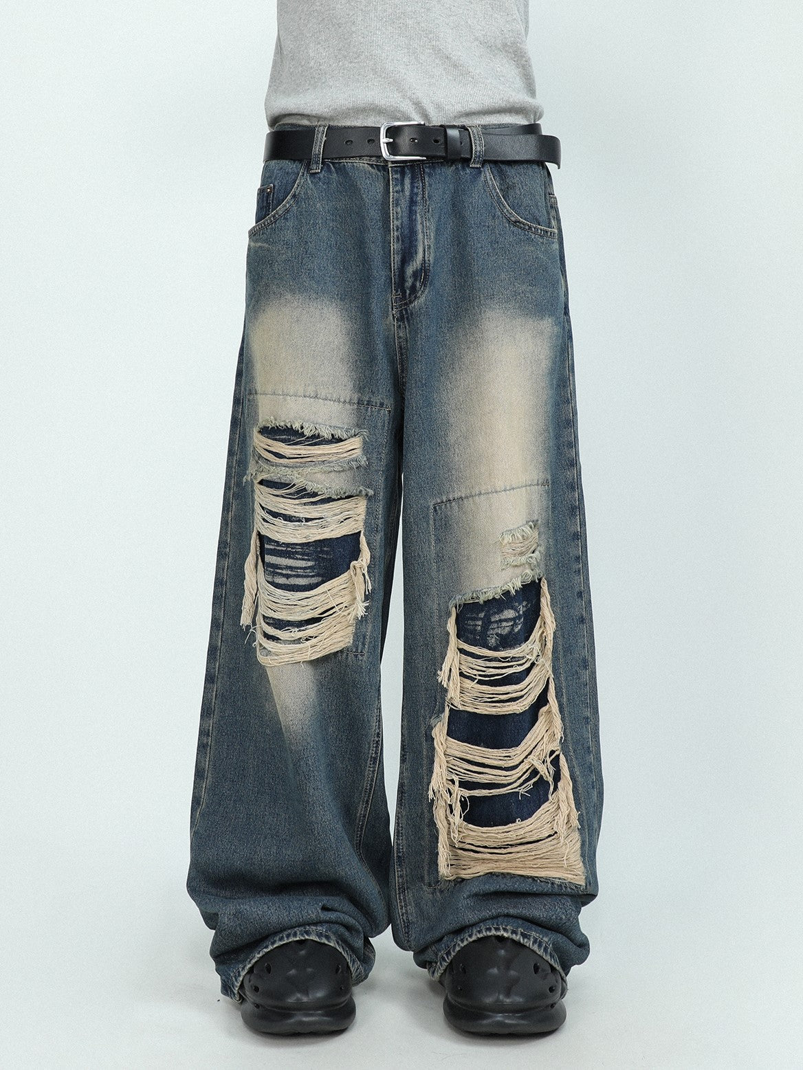 ASYMMETRIC DAMAGED DENIM PANTS MNW386