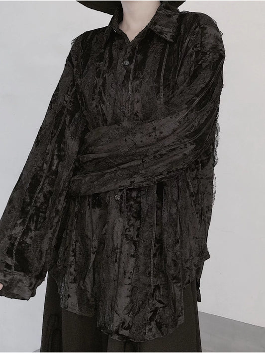 LACE DESIGN VELVET LOOSE SHIRT MNW2104