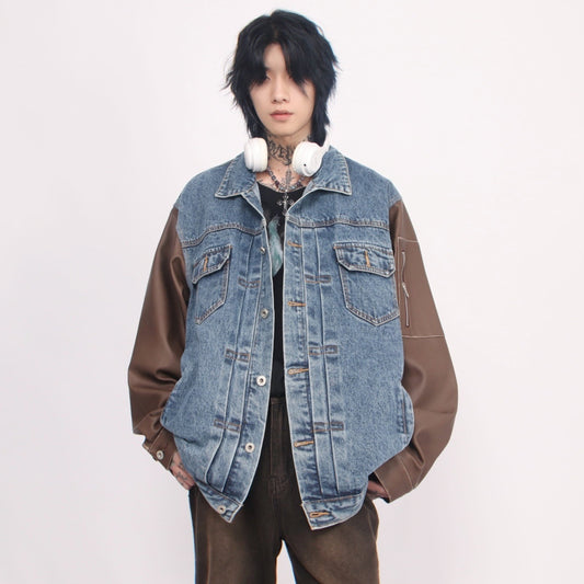 SLEEVE SWITCHING PU DENIM JACKET MNW1190