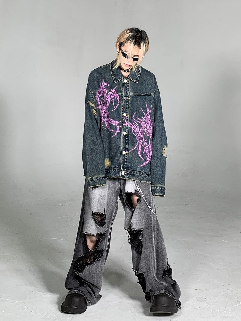 grunge damage denim jacket y2k - Gジャン/デニムジャケット