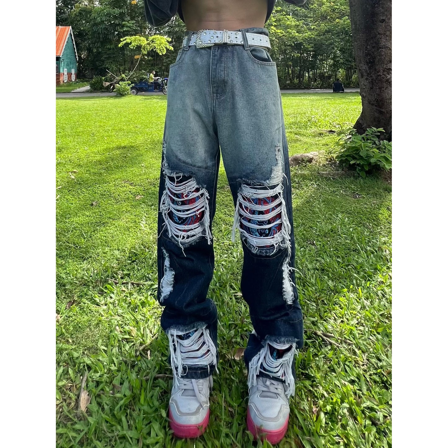 HARD DAMAGE PATCHED DENIM PANTS M064