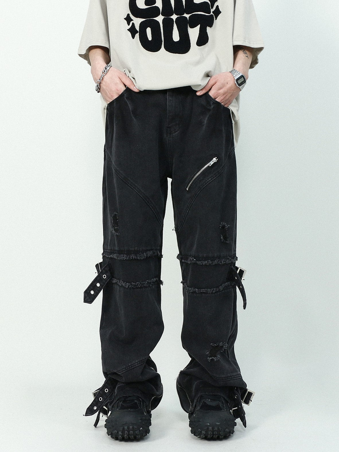 DAMAGED BELT DENIM PANTS MNW409